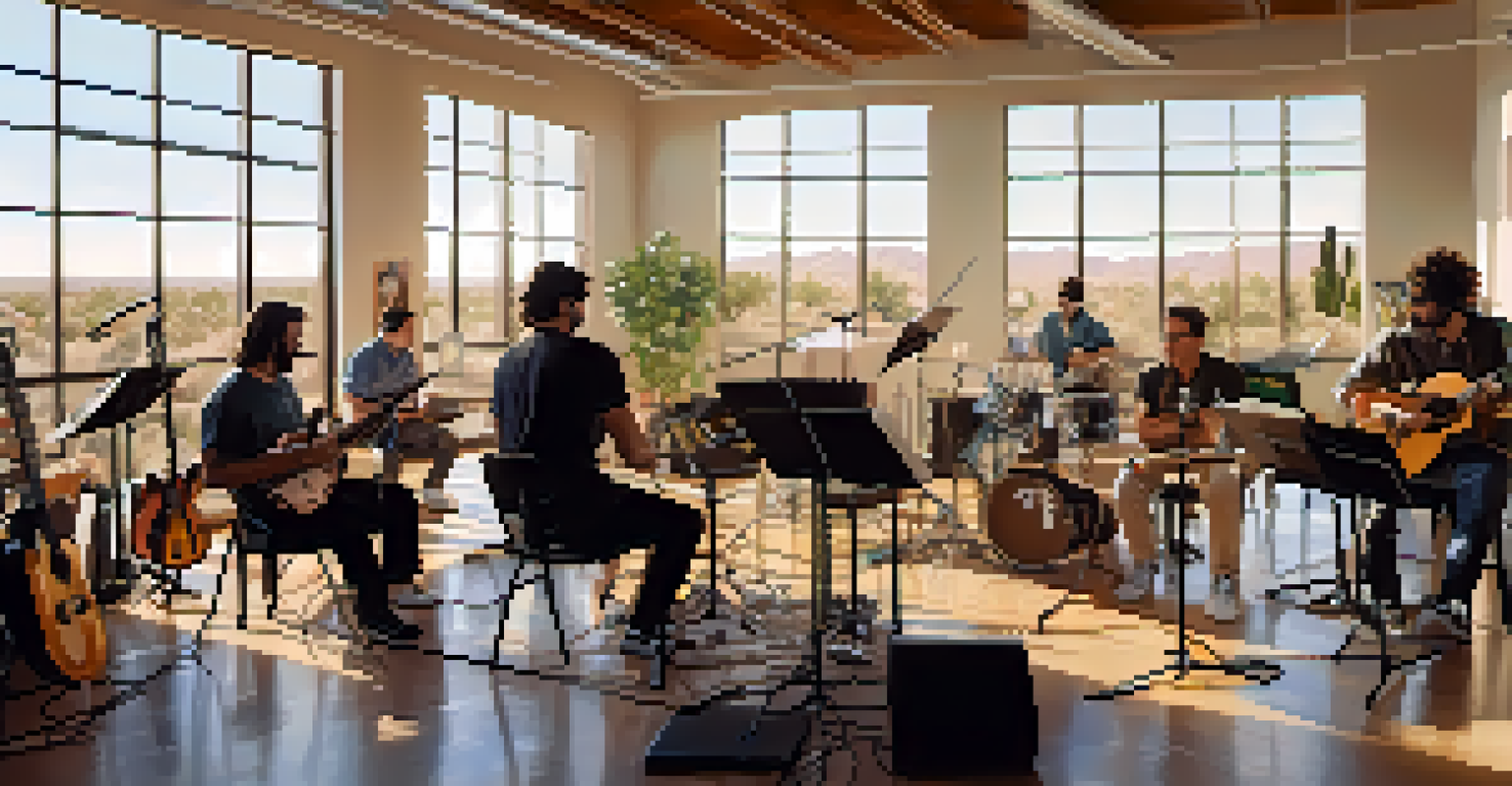A contemporary music workshop in Scottsdale with musicians collaborating, surrounded by various instruments and bright natural light.