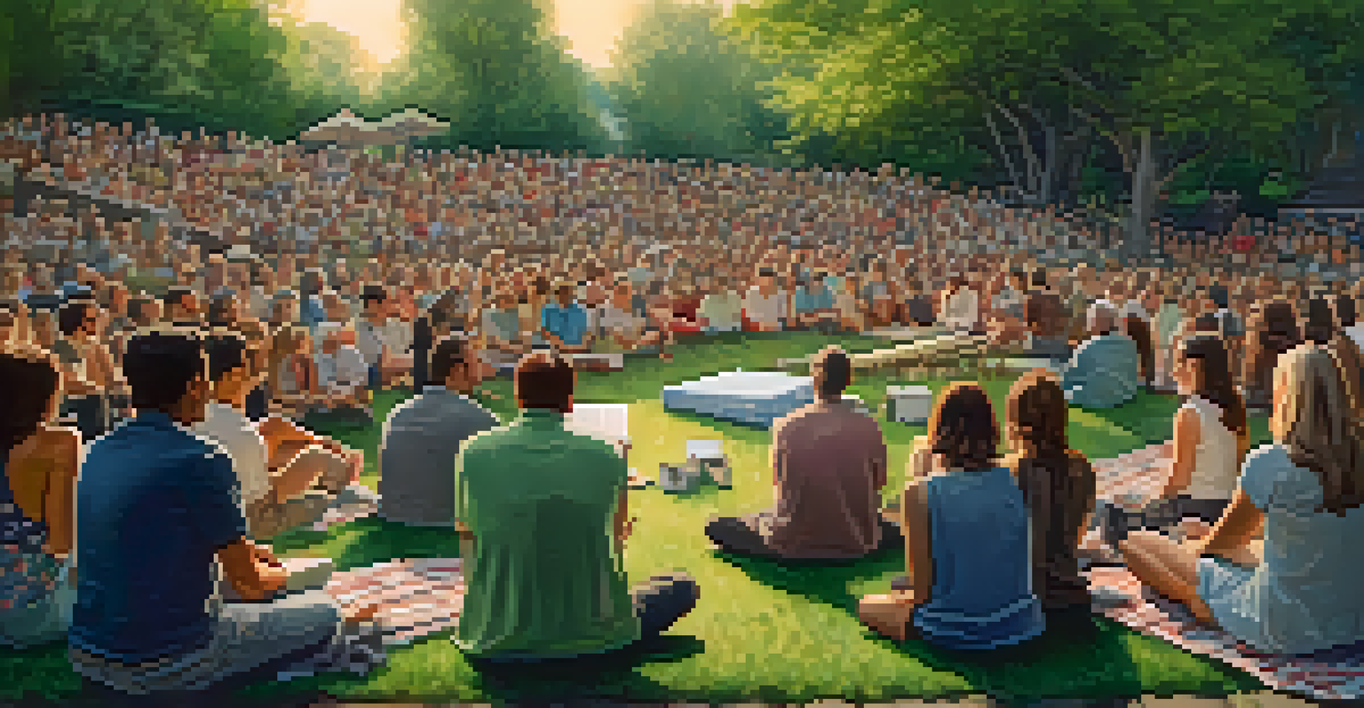An intimate outdoor amphitheater with people on picnic blankets, surrounded by greenery and colorful flowers.