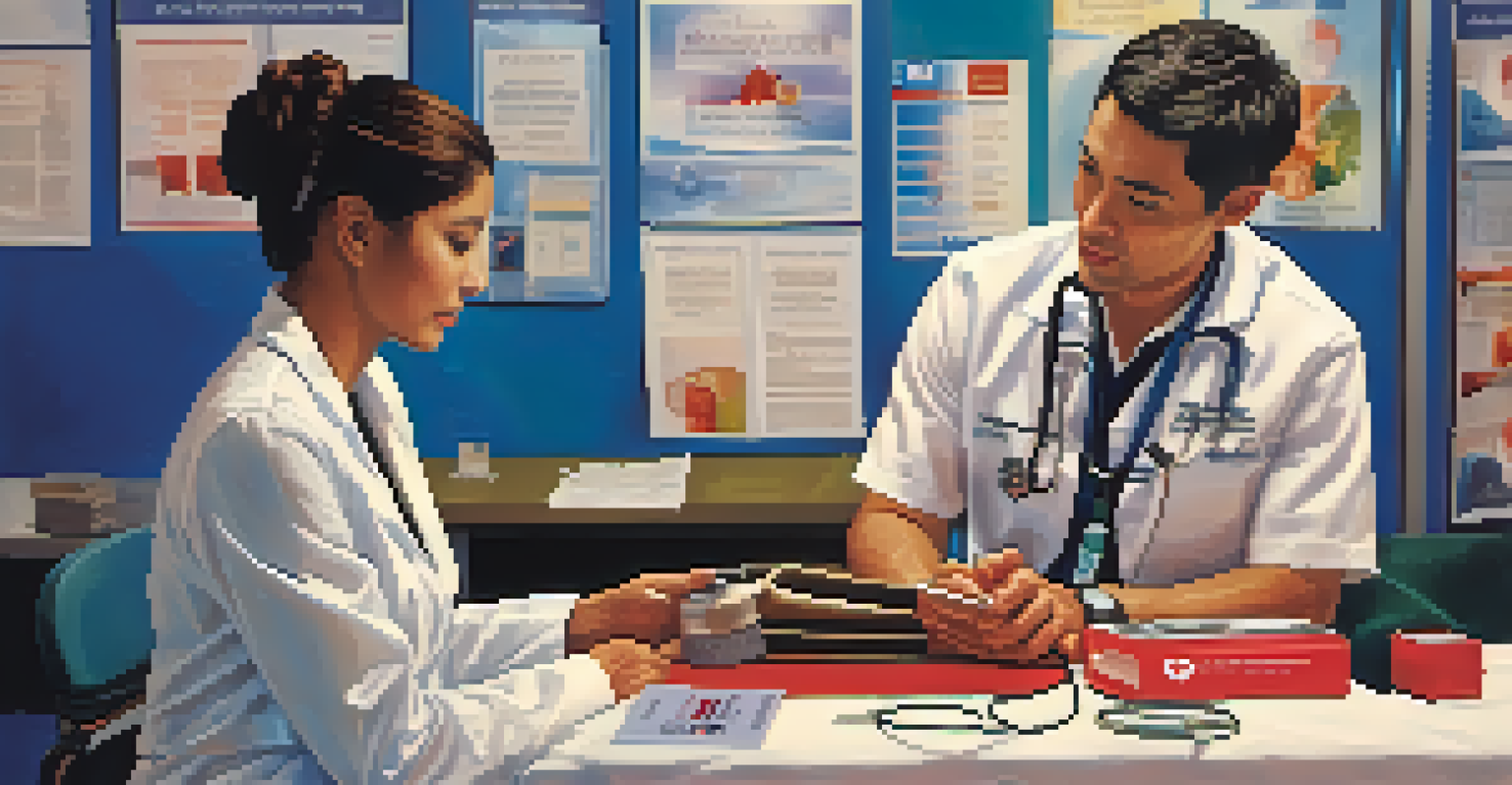 A health professional checking a participant's blood pressure at a fair, with health pamphlets visible in the background.