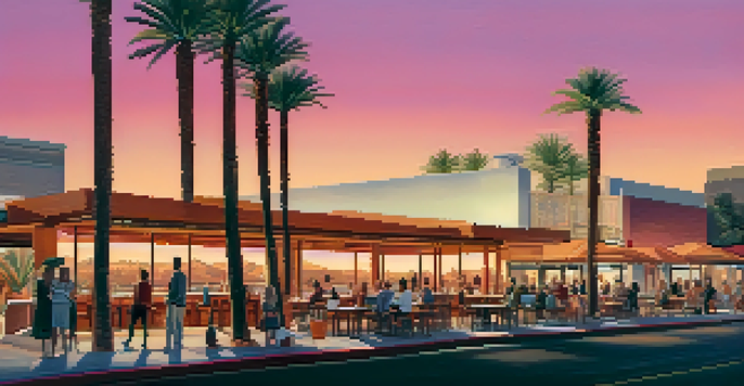 A sunset view of Scottsdale's downtown, highlighting modern buildings and palm trees, with people dining outdoors.