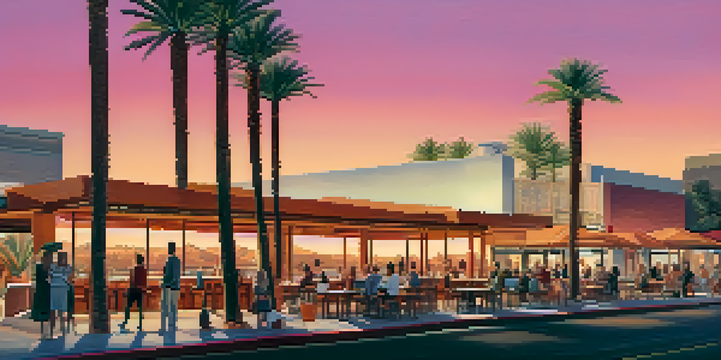A sunset view of Scottsdale's downtown, highlighting modern buildings and palm trees, with people dining outdoors.