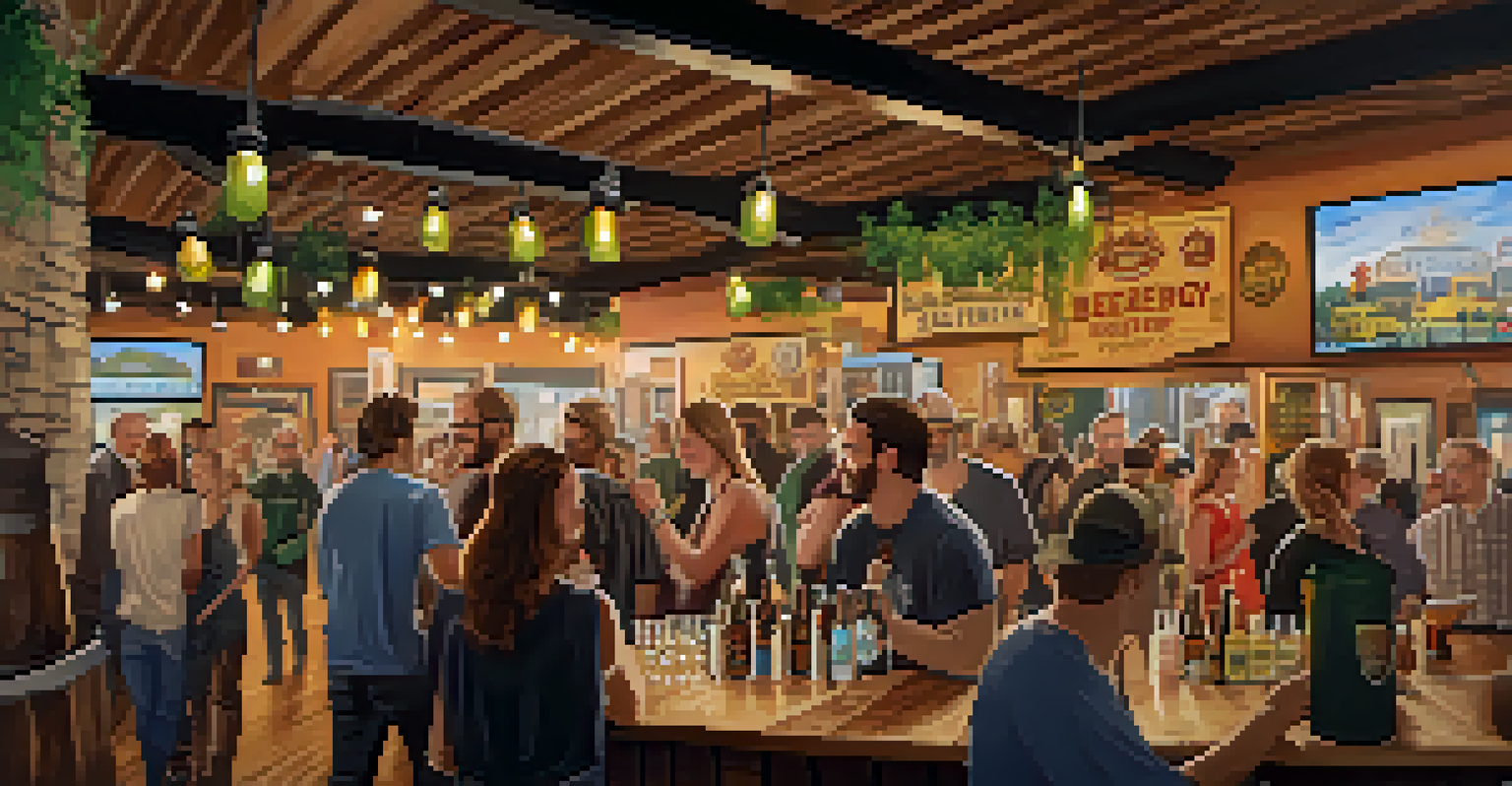 A lively brewery event with attendees tasting craft beers at different booths, surrounded by banners and a live band in the background.