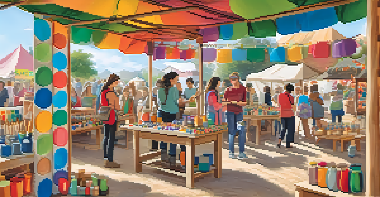A craft fair vendor demonstrating a DIY pottery activity, surrounded by colorful clay and tools, with participants actively engaged and a decorated backdrop.