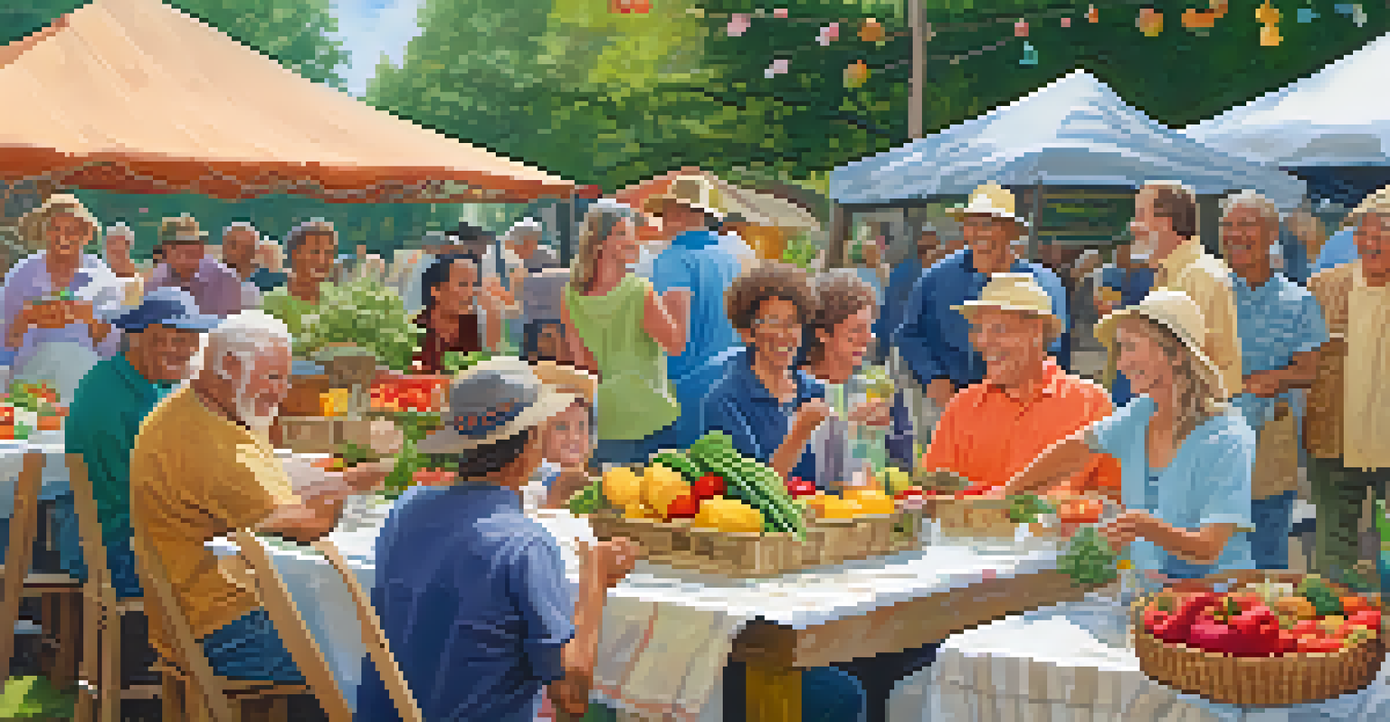 Community members celebrating harvest day with baskets of fresh produce and sharing dishes at a festive picnic table.