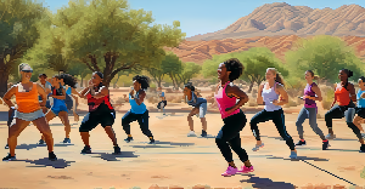 An energetic outdoor boot camp session with a diverse group of participants exercising in a sunlit park, showcasing camaraderie and determination.
