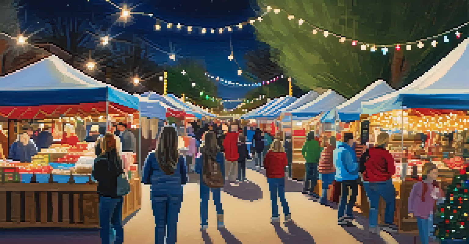 A festive holiday artisan market scene with decorated stalls and families enjoying the atmosphere.