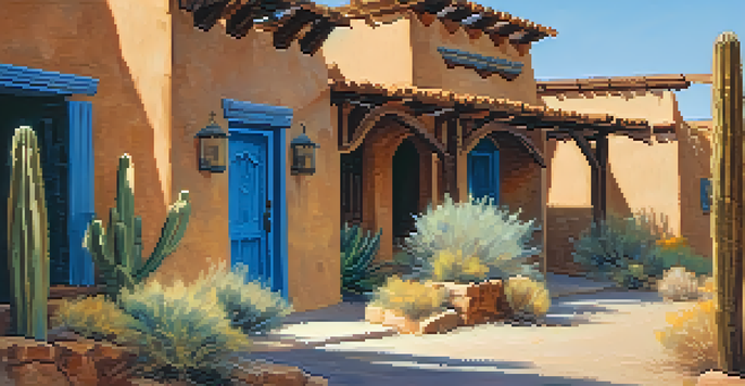 A scenic view of a historic street in Scottsdale featuring adobe houses, under a clear blue sky with desert plants in the foreground.