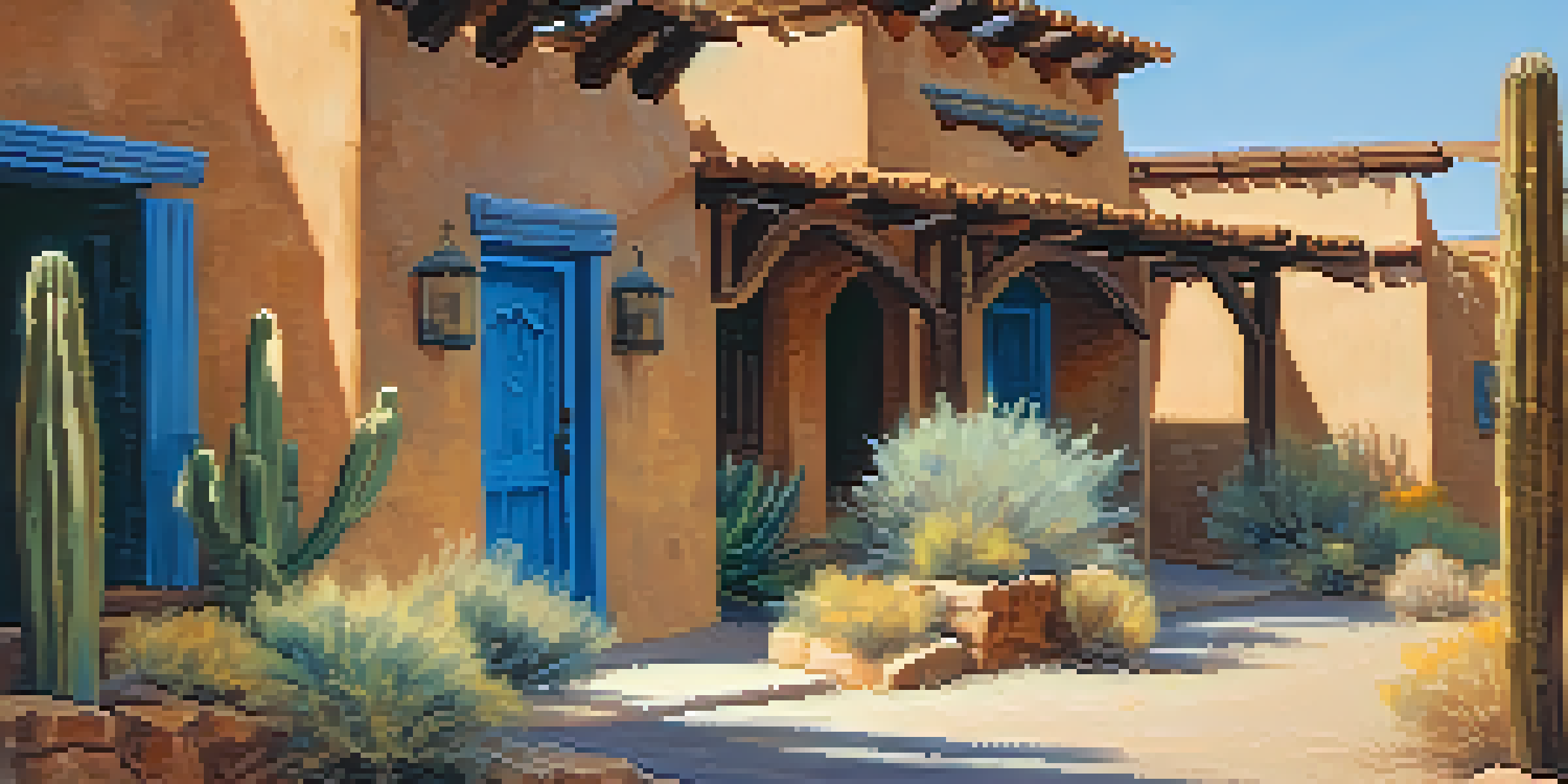 A scenic view of a historic street in Scottsdale featuring adobe houses, under a clear blue sky with desert plants in the foreground.