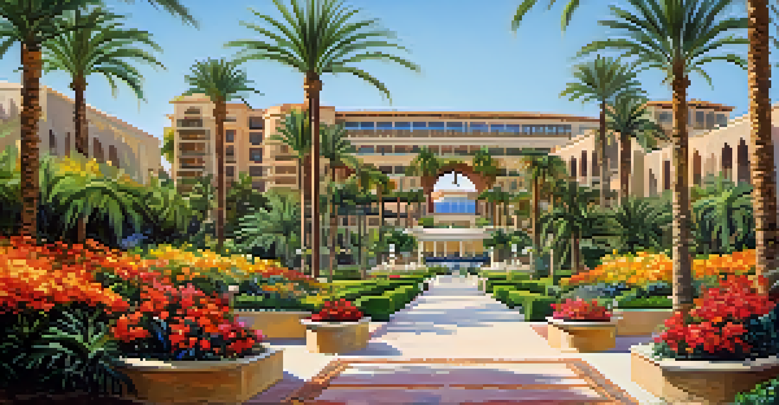 Lush gardens of The Phoenician resort with colorful flowers and grand hotel architecture.