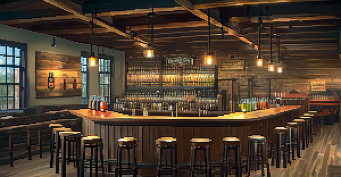 A lively interior of a craft brewery with patrons enjoying beer tasting, wooden barrels, and colorful beer taps under warm lighting.