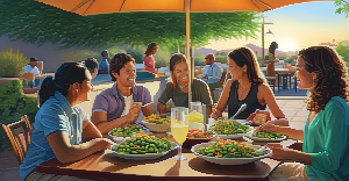 A family enjoying healthy meals outdoors at a restaurant in Scottsdale, with colorful dishes and a warm sunset background.