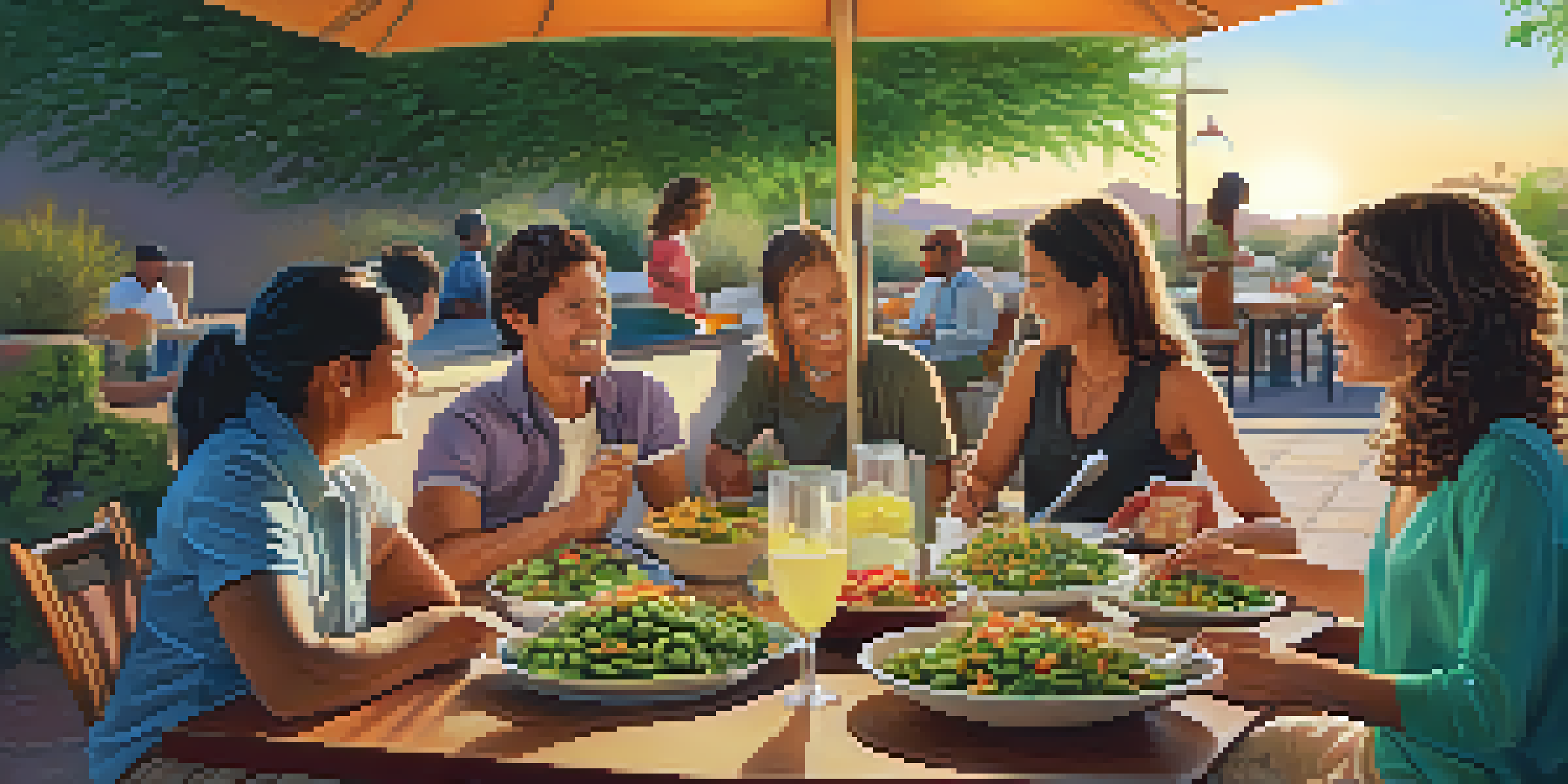 A family enjoying healthy meals outdoors at a restaurant in Scottsdale, with colorful dishes and a warm sunset background.