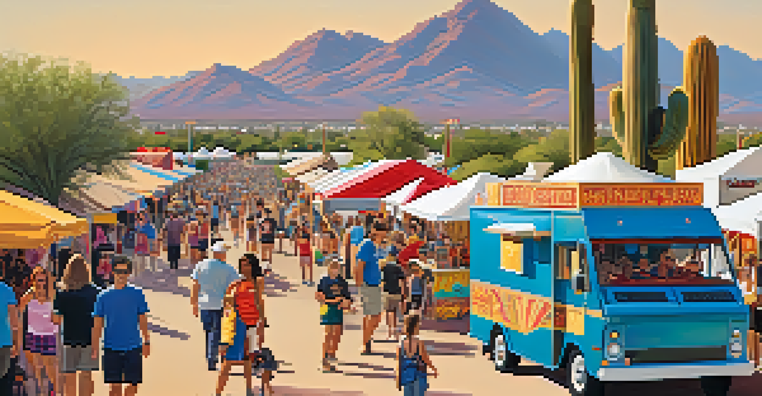 A lively outdoor festival in Scottsdale with people enjoying food, art, and music against a desert backdrop.