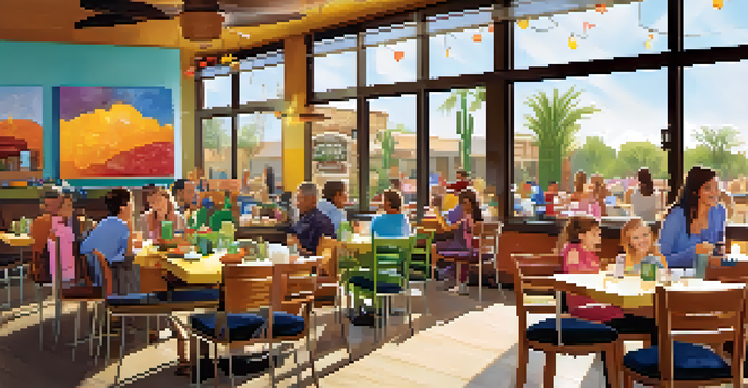 A lively restaurant scene with families dining together, children playing with coloring sheets, and bright decor.