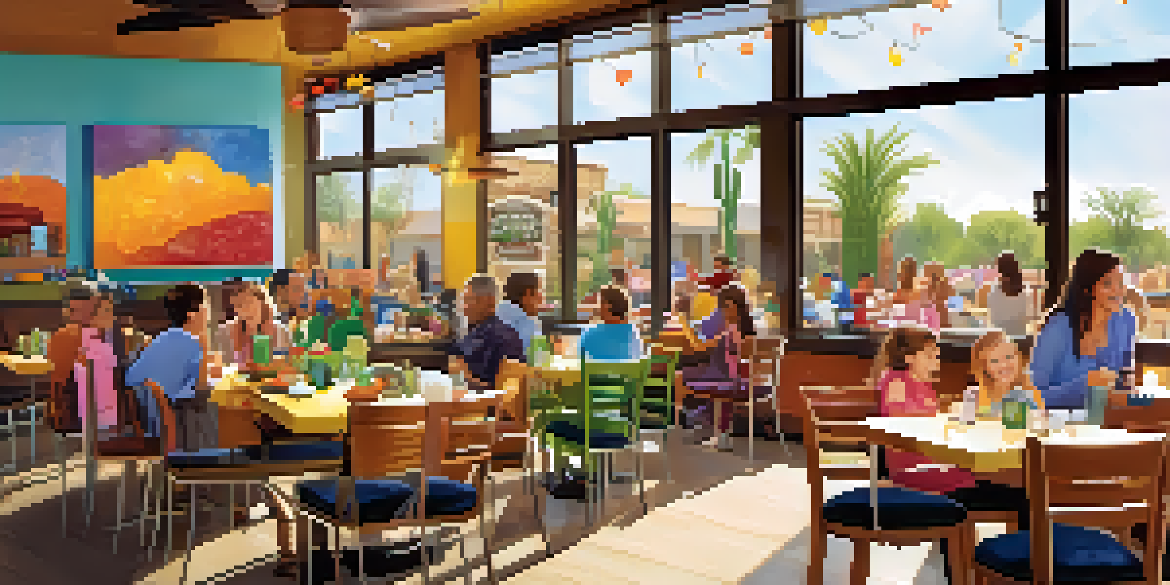 A lively restaurant scene with families dining together, children playing with coloring sheets, and bright decor.