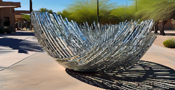 A unique sculpture made from recycled materials displayed in a public park.