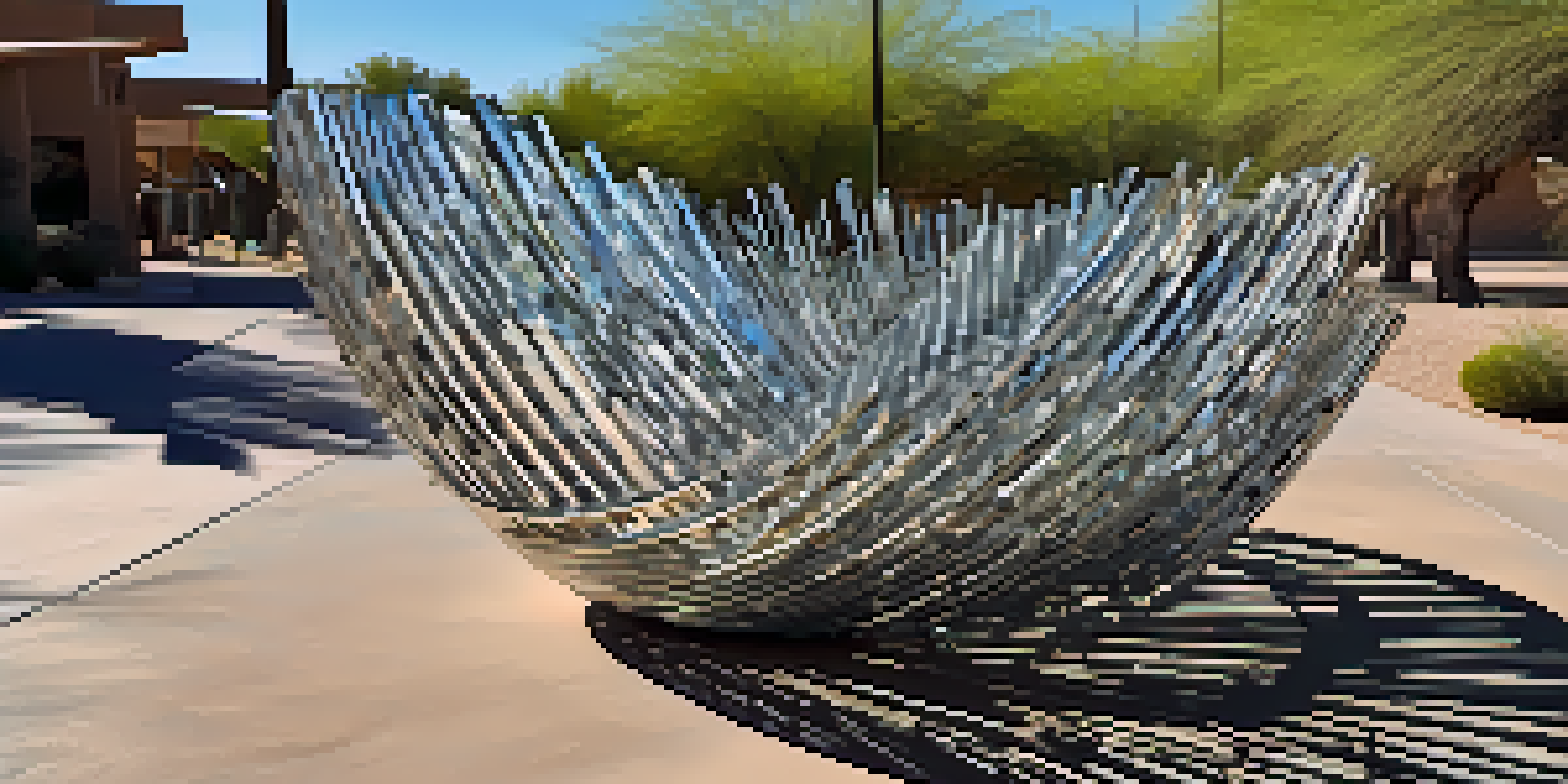 A unique sculpture made from recycled materials displayed in a public park.