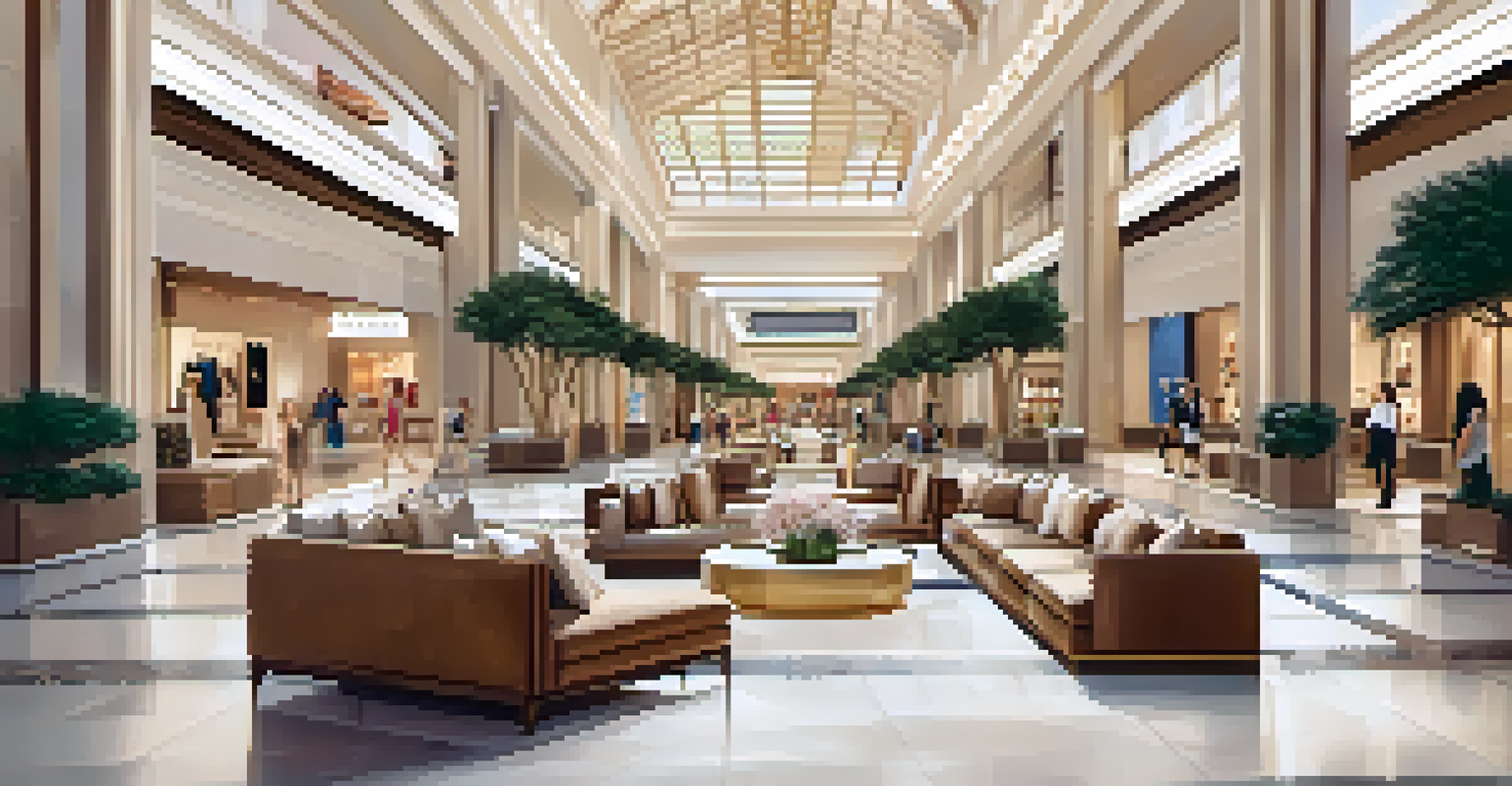 An upscale shopping mall featuring designer stores, spacious walkways, and elegant seating, filled with shoppers.