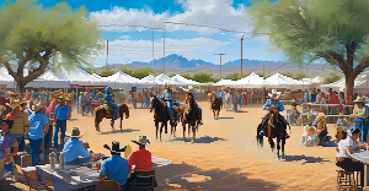 Families enjoying a community rodeo event in Scottsdale, with colorful banners, booths, and cowboys demonstrating roping techniques under a bright blue sky.
