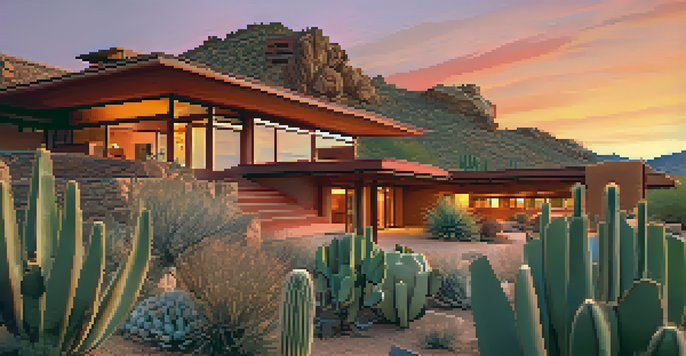 A photograph of Taliesin West at sunset, with saguaro cacti in the foreground and warm colors illuminating the desert sky.