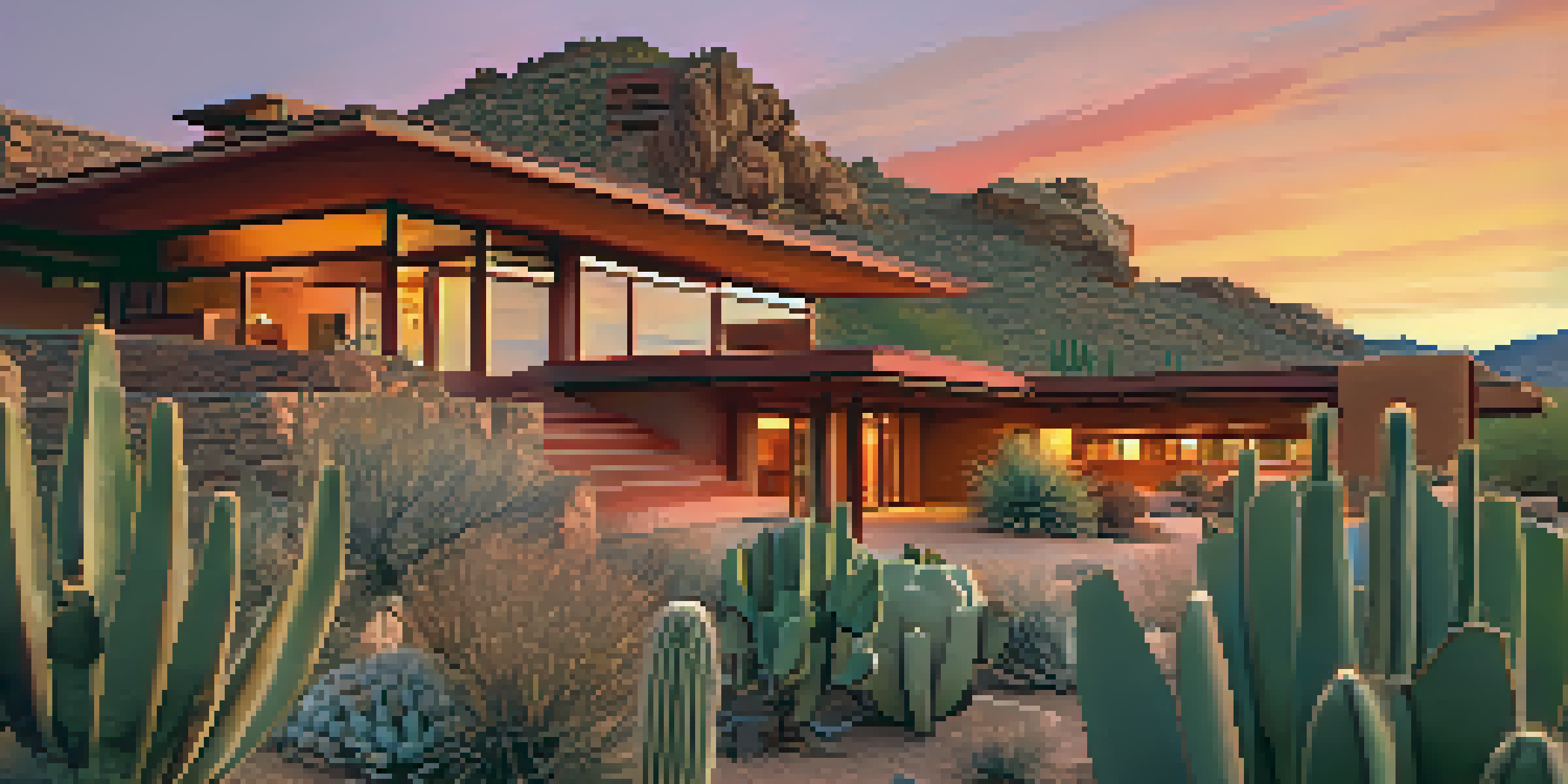 A photograph of Taliesin West at sunset, with saguaro cacti in the foreground and warm colors illuminating the desert sky.