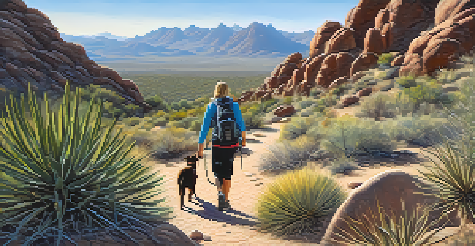 A scenic hiking view at Pinnacle Peak Park with a pet owner and their dog on a trail surrounded by desert landscape and mountains.