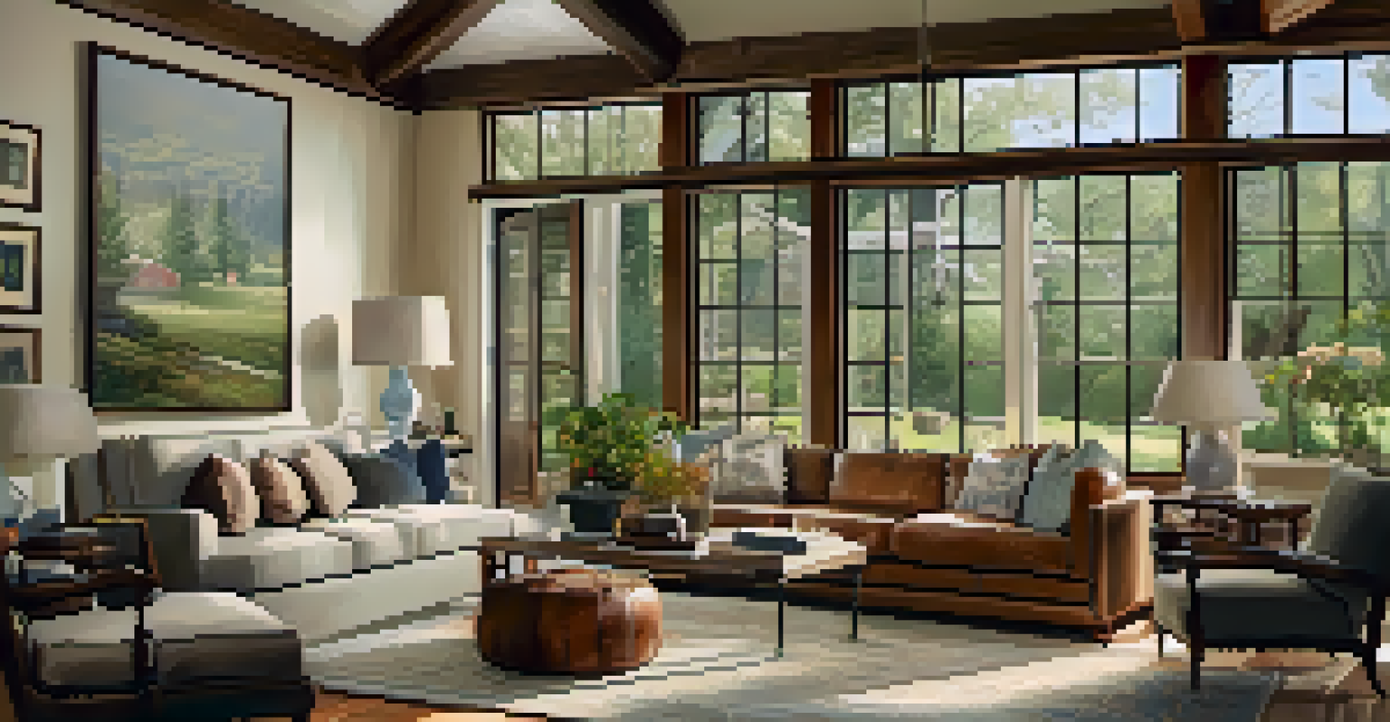 The interior of a ranch-style home with an open floor plan, featuring large windows, wooden beams, and vintage furniture.