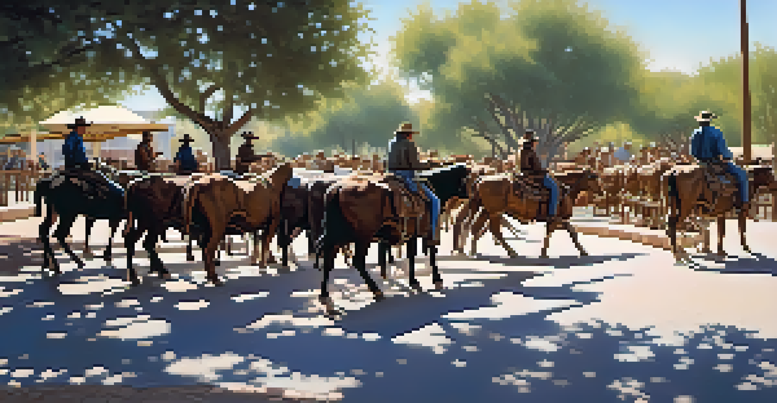 A bronze sculpture of cowboys driving cattle in a scenic plaza with people admiring it.