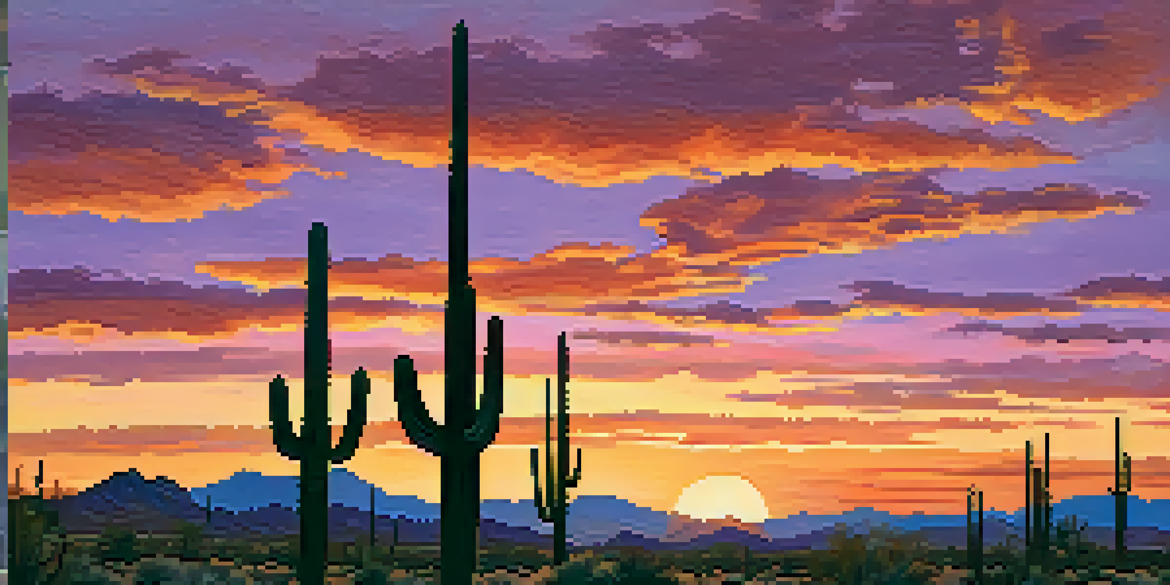 A stunning sunset with silhouetted cacti and a deer grazing in the McDowell Sonoran Preserve.