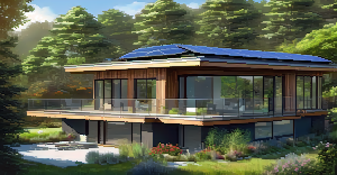 A sustainable home with solar panels, surrounded by a beautiful garden filled with native plants and large windows reflecting sunlight.