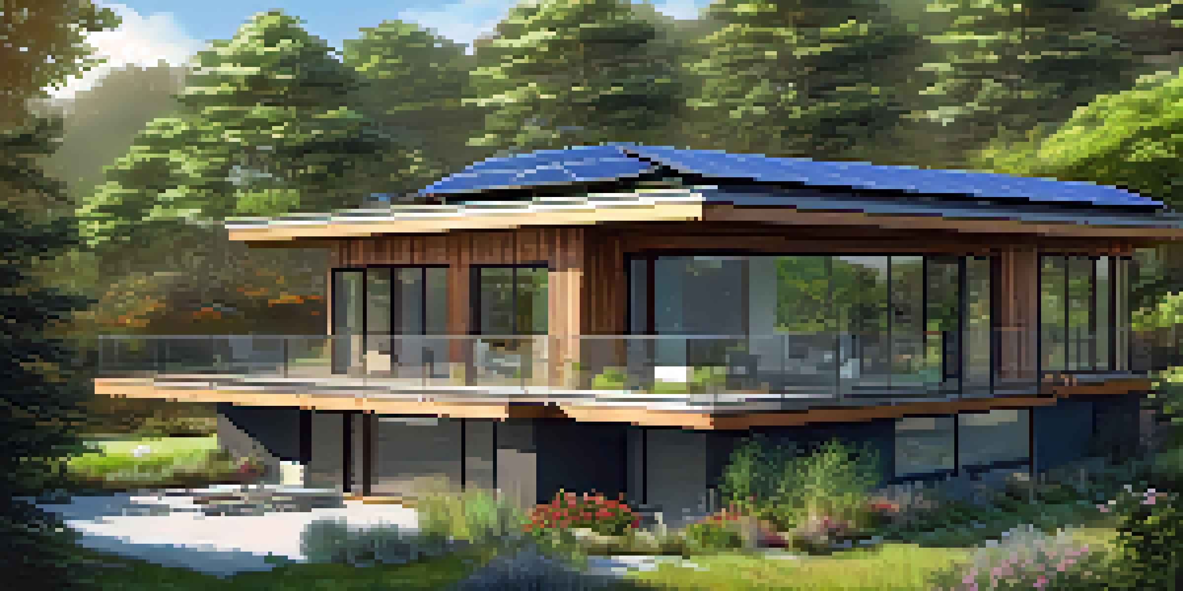 A sustainable home with solar panels, surrounded by a beautiful garden filled with native plants and large windows reflecting sunlight.