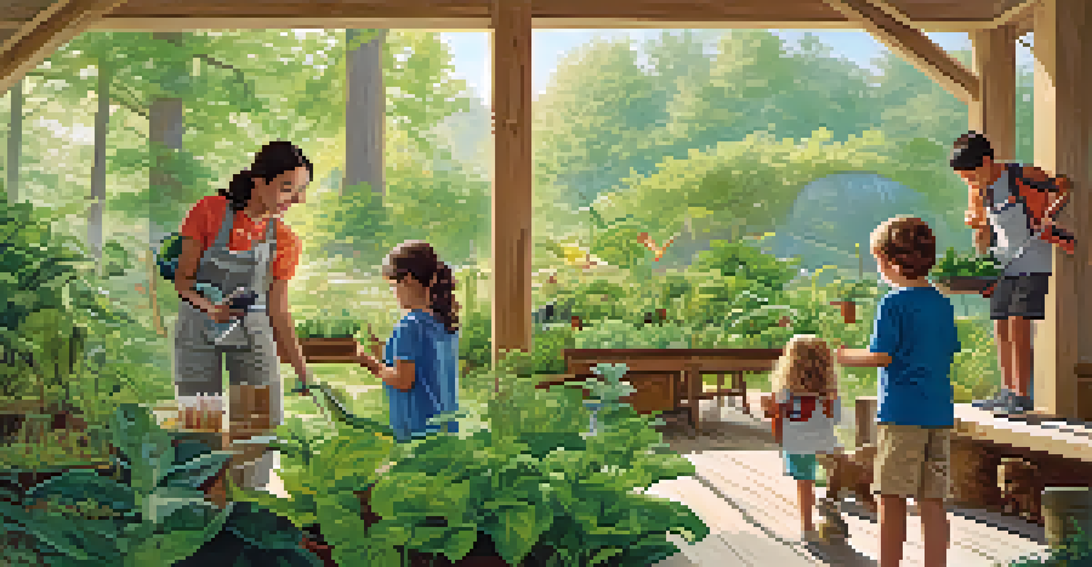 A family at a nature center learning about plants and the environment.