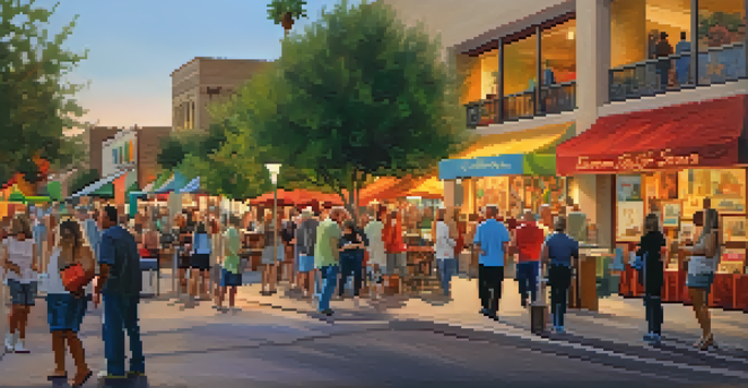 A lively street scene during the Scottsdale Art Walk, with people exploring art galleries and musicians performing, creating a festive atmosphere.