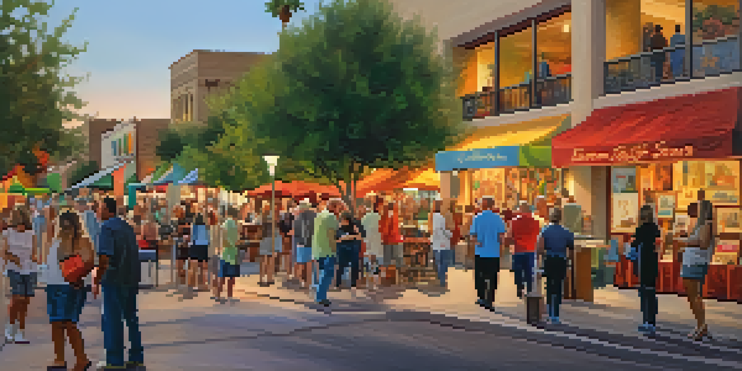 A lively street scene during the Scottsdale Art Walk, with people exploring art galleries and musicians performing, creating a festive atmosphere.