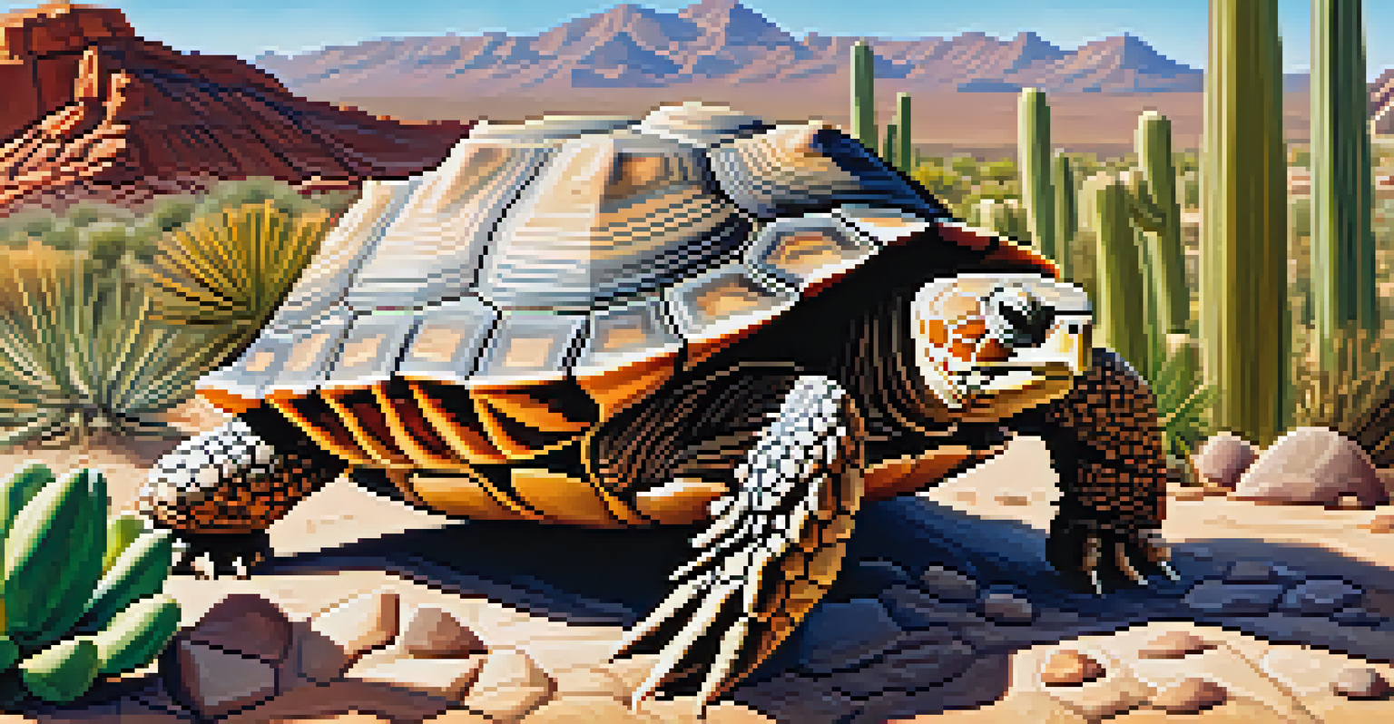 A close-up of a desert tortoise blending in with rocks and cacti, highlighting its textured shell and the surrounding flora.