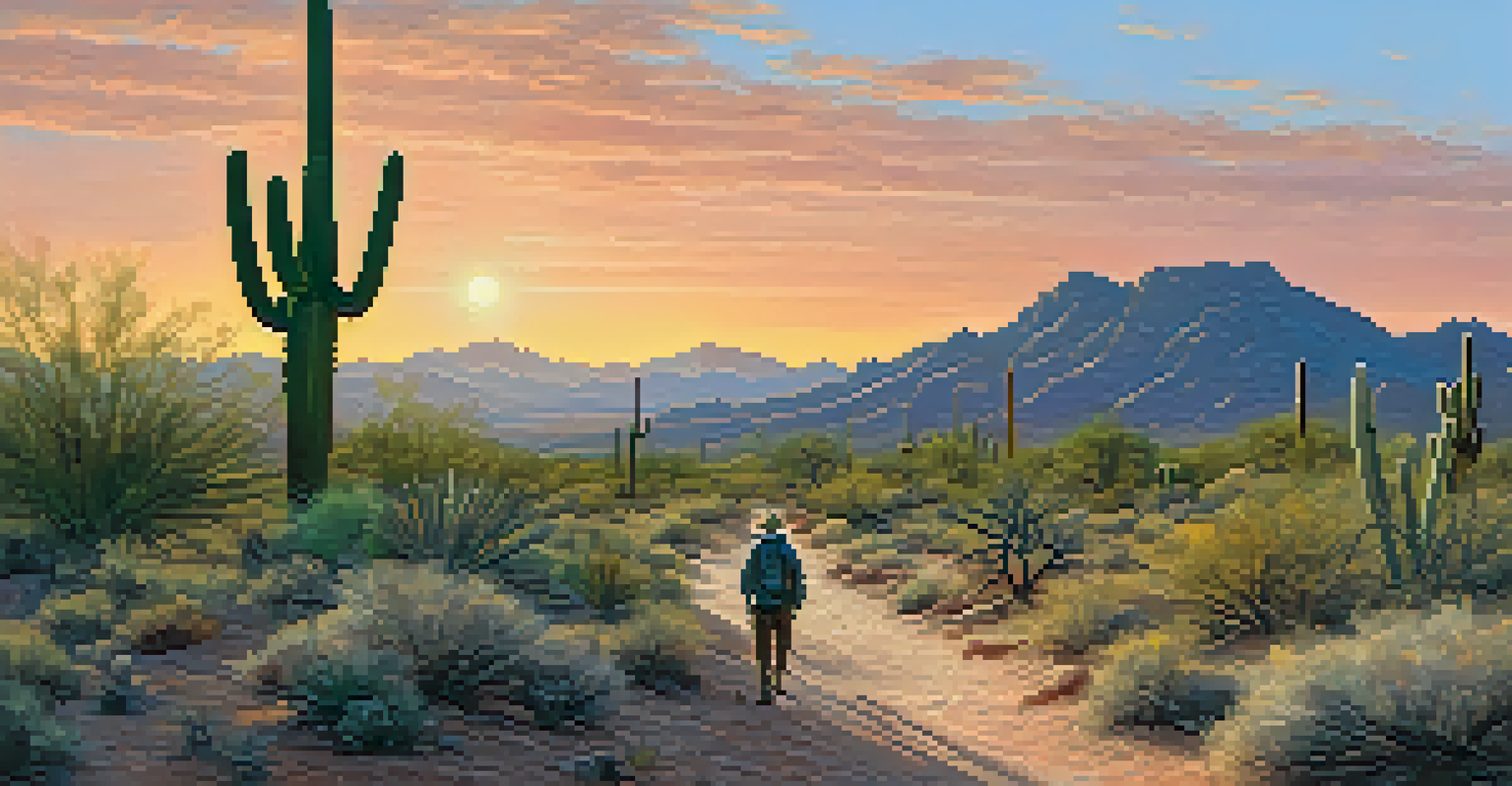 A tranquil early morning scene in the desert with a hiker on a winding trail, illuminated by the soft colors of the sunrise.