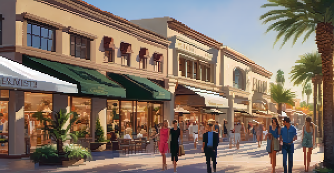 An outdoor shopping plaza in Scottsdale with luxury boutiques, palm trees, and shoppers enjoying their day during golden hour.