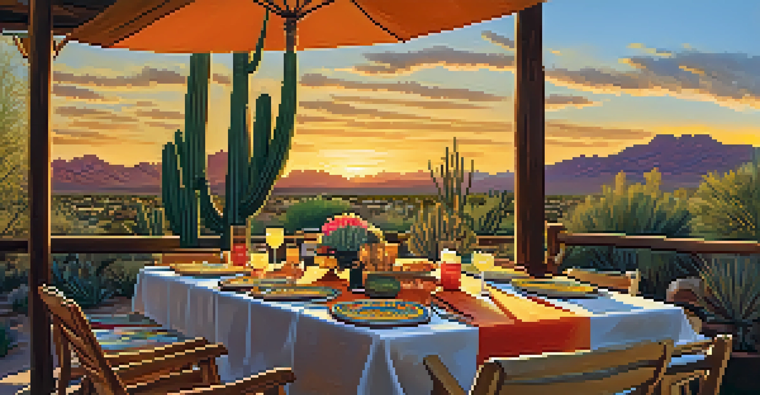 An outdoor dining setting with a table full of colorful Southwestern dishes, surrounded by desert plants and a warm sunset.