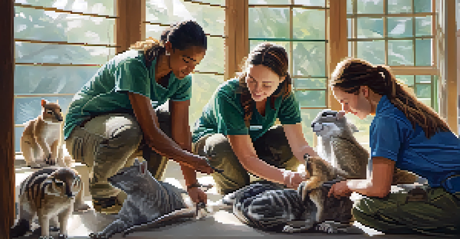 Volunteers caring for injured wildlife in a rehabilitation center, showcasing teamwork and compassion in a bright and welcoming environment.