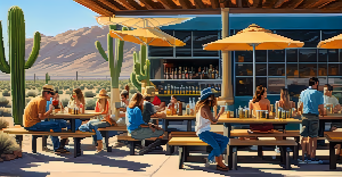 A group of friends enjoying craft beer at an outdoor brewery with a food truck, surrounded by cacti and a clear blue sky.