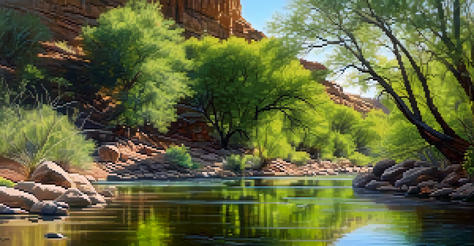 A peaceful riparian zone with native trees and birds, reflecting in the water under soft sunlight.