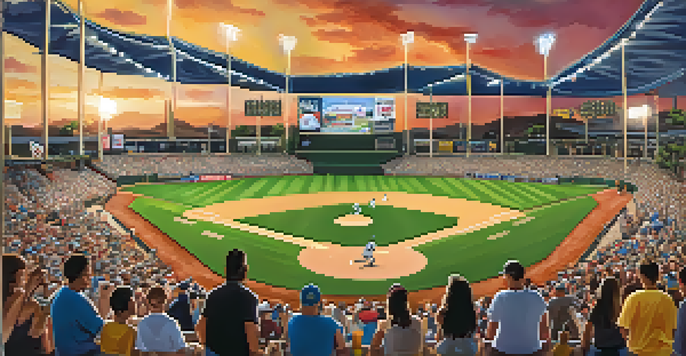 A crowded baseball stadium filled with enthusiastic fans, players warming up on the field, and food stalls, all under a golden sunset.