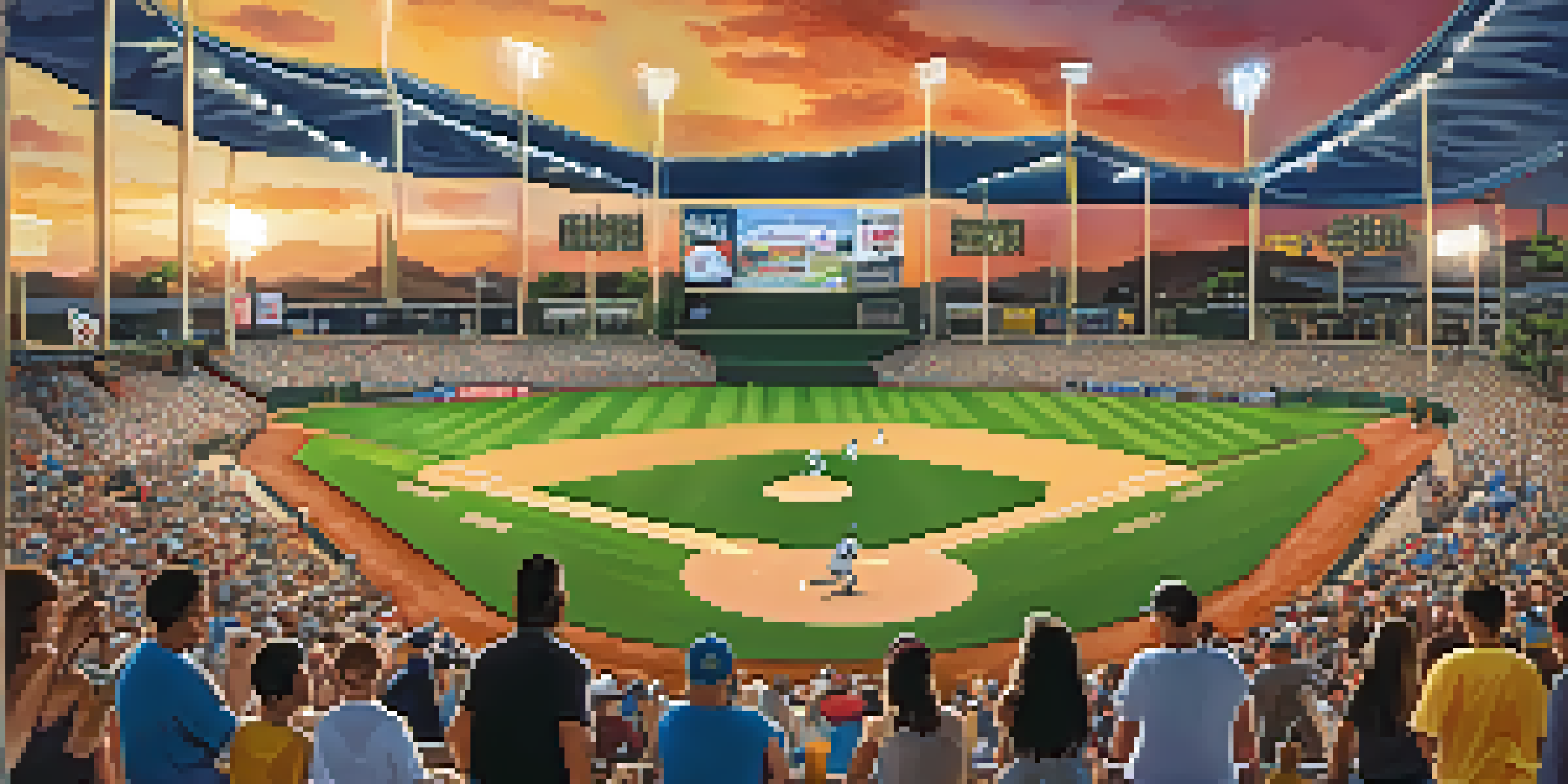 A crowded baseball stadium filled with enthusiastic fans, players warming up on the field, and food stalls, all under a golden sunset.