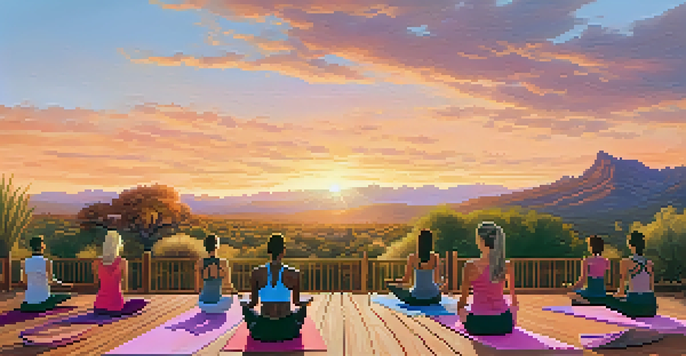 A group of diverse individuals practicing yoga outdoors at sunrise with mountains in the background.