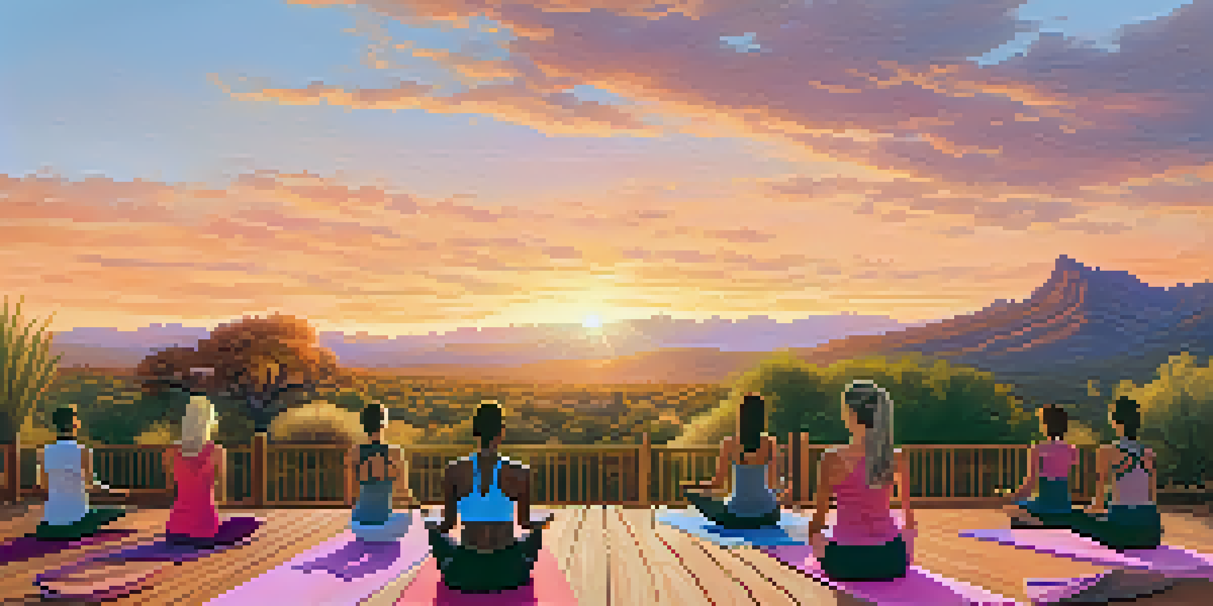 A group of diverse individuals practicing yoga outdoors at sunrise with mountains in the background.