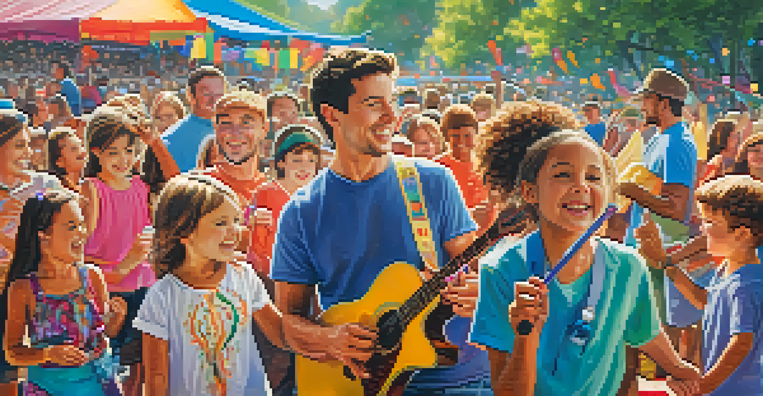 A family enjoying a music festival, with children participating in arts and crafts, and a live band performing in the background.