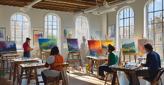 A diverse group of individuals participating in a colorful art workshop, surrounded by canvases and paint supplies, in a well-lit room.