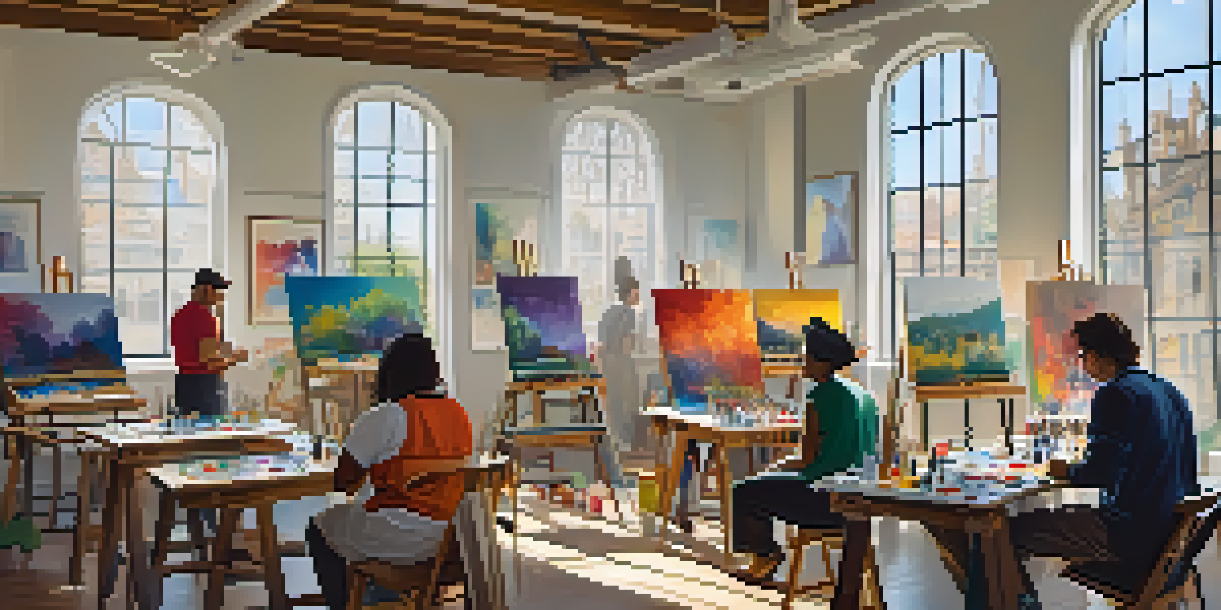 A diverse group of individuals participating in a colorful art workshop, surrounded by canvases and paint supplies, in a well-lit room.
