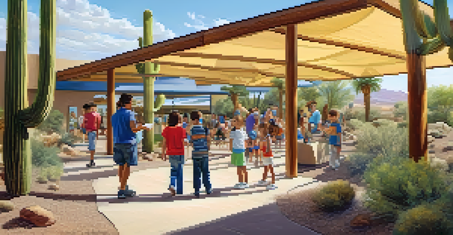 Families exploring interactive exhibits at the Desert Discovery Center in a sunlit desert setting.