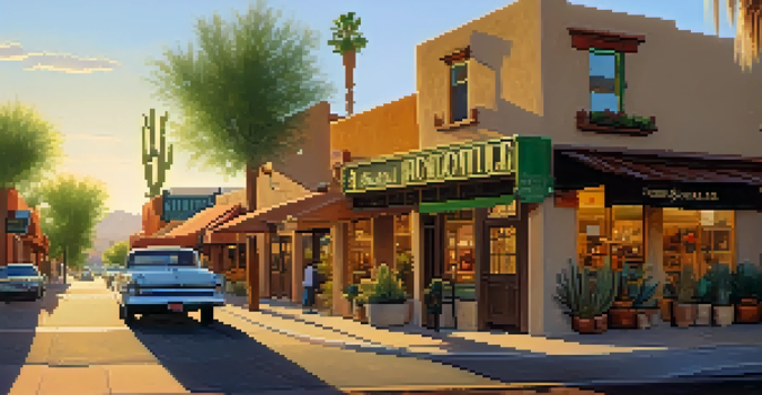 A warm, golden hour view of Old Town Scottsdale featuring historic adobe buildings, vibrant storefronts, and colorful banners amidst lush desert plants.